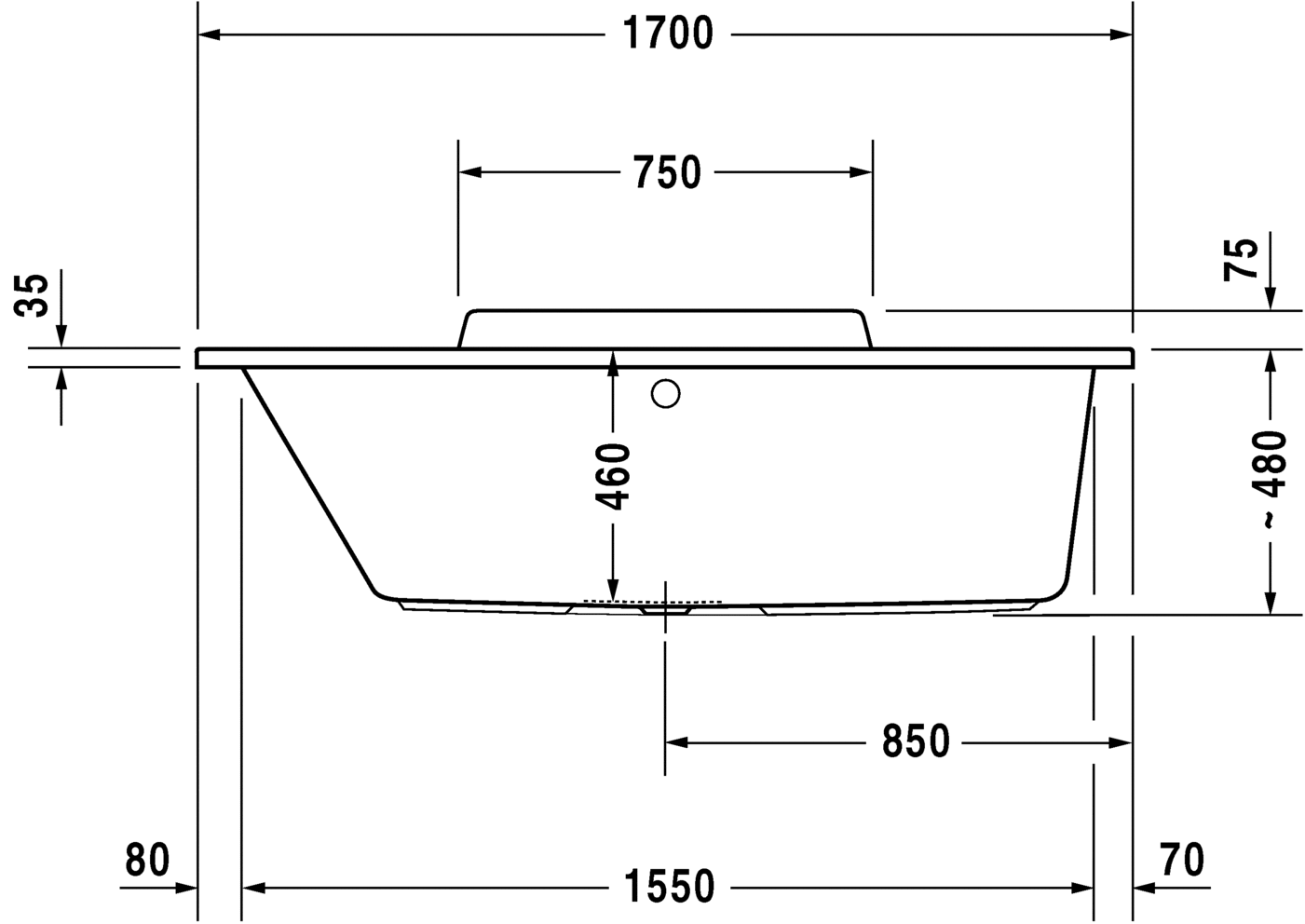 Акриловая ванна Duravit DuraStyle 700294000000000 1700 х 700 акрил, c наклоном для спины слева, встраиваемая или с панелями, белая