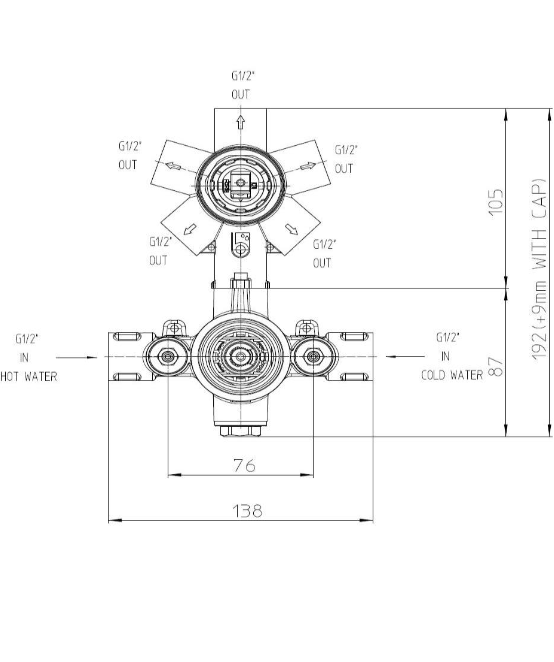 Верхняя часть термостата BOSSINI TEO Z00002.043 120 мм х 210 мм, на 1-5 выходов, цвет Сатинированное золото