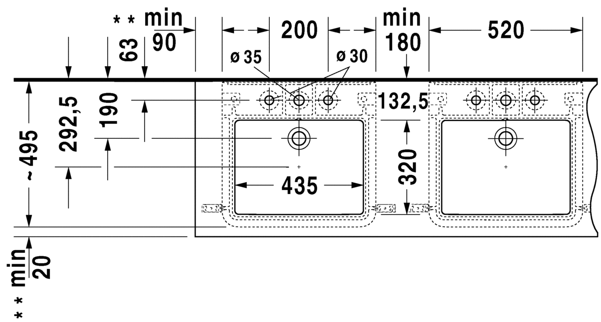 Раковина встраиваемая снизу Duravit DuraStyle 26315200301 с тремя отверстиями под смеситель, с переливом, с покрытием WonderGliss,  белая