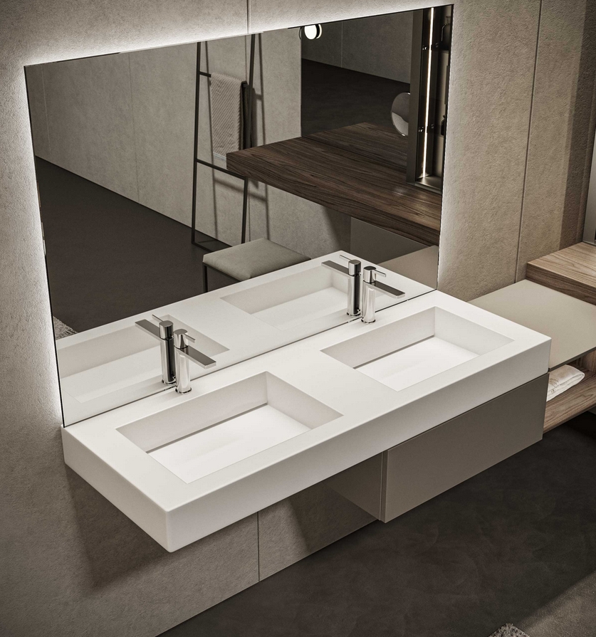 Комплект мебели для ванной комнаты BMT BLUES 4.0  BL4-19  3800х1950х504 мм, 2 тумбы, двойная раковина, шкафы и 2 зеркала, цвет Matt Ottawa Breaver/Metallic Titanium/Nero Opaco/Raw Walnut