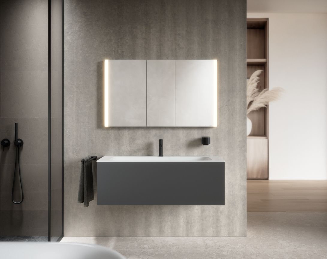 Зеркальный шкаф с подсветкой для встраиваемого монтажа KEUCO Somaris 14514 853100 115 мм х 1200 мм х 710 мм, с 3 поворотными дверцами, цвет корпуса под Светлый дуб