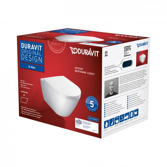 Унитаз подвесной + сиденье Duravit D-Neo Rimless 45770900A1 370 мм х 540 мм, с вертикальным смывом, без смывного края, с креплением Durafix, белый