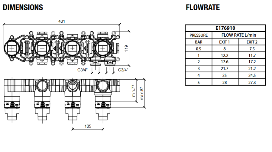Встраиваемая внутренняя часть термостата ALMAR MODULAR PUSH E176910 на 2 потребителя, с модулем для ручного душа, цвет Чёрный