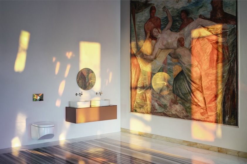 Тумба подвесная   Laufen  Sonar   4.0542.4.034.041.1   118 см под 2 раковины-чаши  8.1234.0/1/2/3, вырез слева и справа, 1 ящик, цвет Copper (медь)