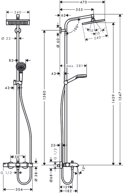 Душевая система для ванны Hansgrohe Crometta E 240 1jet 27298000 Хром