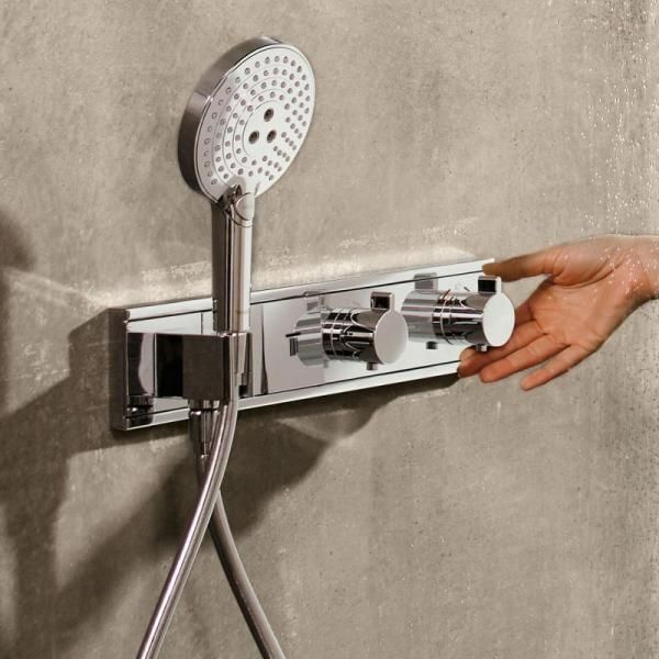 Термостат для душа HANSGROHE RainSelect 15355600 с двумя кнопками и выпуском для шланга, Чёрный/Хром