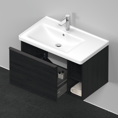 Тумба подвесная под раковину DURAVIT D-Neo DE425801616 784 мм х 452 мм, с выдвижным ящиком и открытой боковой полкой, чёрный дуб