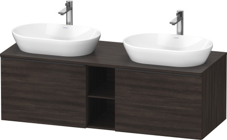 Тумба подвесная под две раковины DURAVIT D-Neo DE4950B5353 1400 мм х 550 мм, с 2 выдвижными ящиками и открытой полкой, каштан тёмный