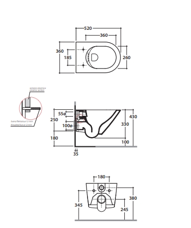 Унитаз подвесной безободковый GLOBO FORTY3 FOS07BI 360 мм х 520 мм, с креплением, белый глянцевый