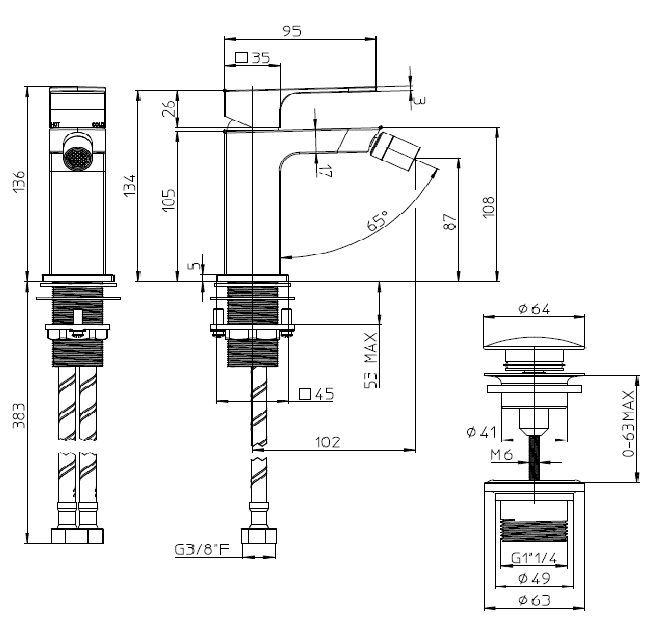 Однорычажный смеситель для биде BOSSINI GILLO Z00705.094 с донным клапаном, цвет Шлифованный никель