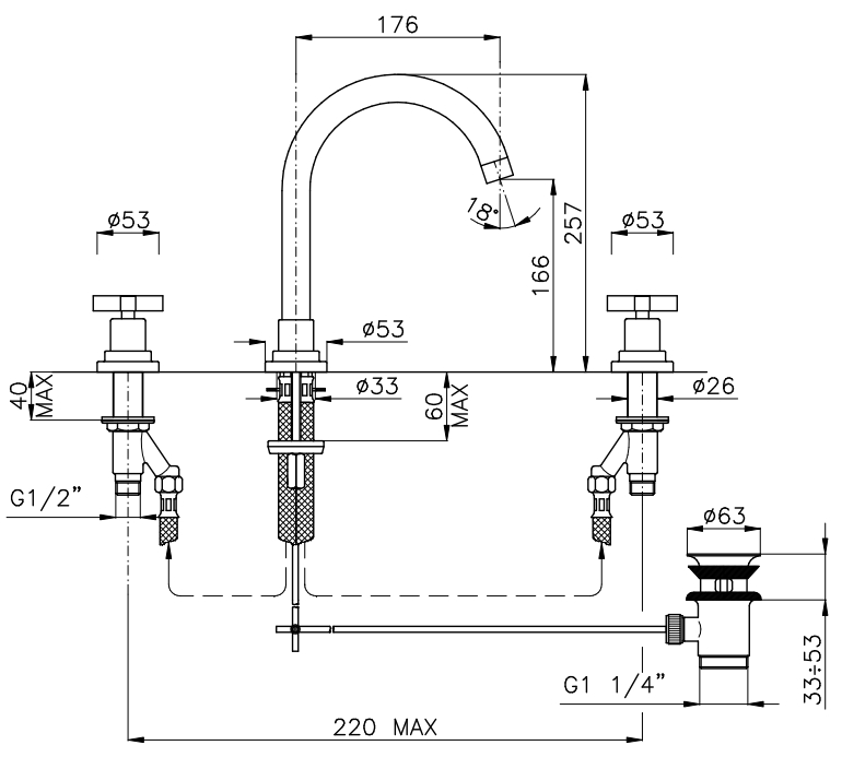 Смеситель для раковины двухвентельный NICOLAZZI MAC KINLEY 05 2208CR29 на 3 отверстия, хром