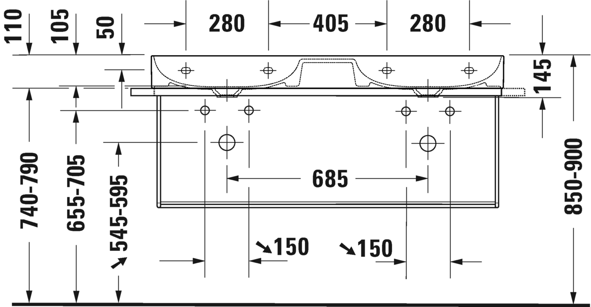 Раковина подвесная двойная Duravit DuraSquare 2353120079 без отверстий под смеситель, без перелива, белая