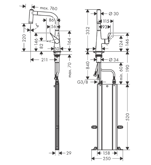 Однорычажный смеситель для кухни с вытяжным душем HANSGROHE Metris M71 73800000 220 мм, цвет Хром