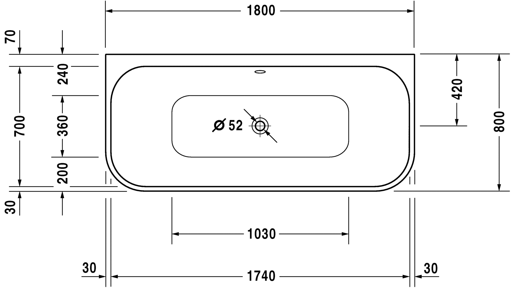 Акриловая ванна Duravit Happy D2 700318000000000 1800 х 800 пристенный вариант, c двумя наклонами для спины, с интегрированной акриловой панелью и ножками, белая