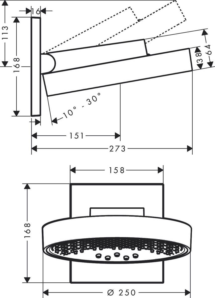 Верхний душ Hansgrohe Rainfinity 250 3jet 26233000 EcoSmart с настенным кронштейном, хром