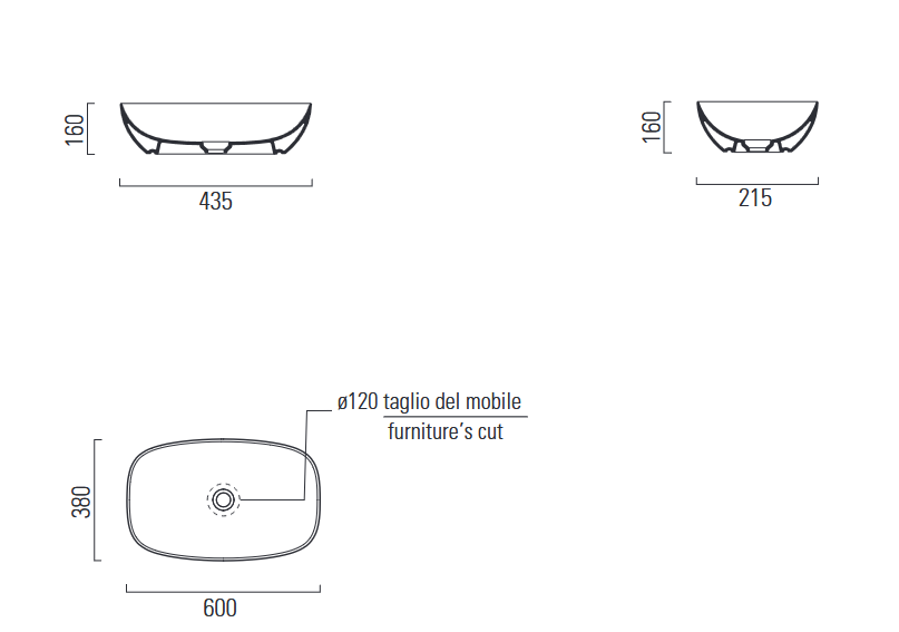 Раковина - чаша GSI NUBES 9783PVC11 600 мм х 380 мм, без отверстия под смеситель, без перелива, с донным клапаном, цвет Белый глянцевый