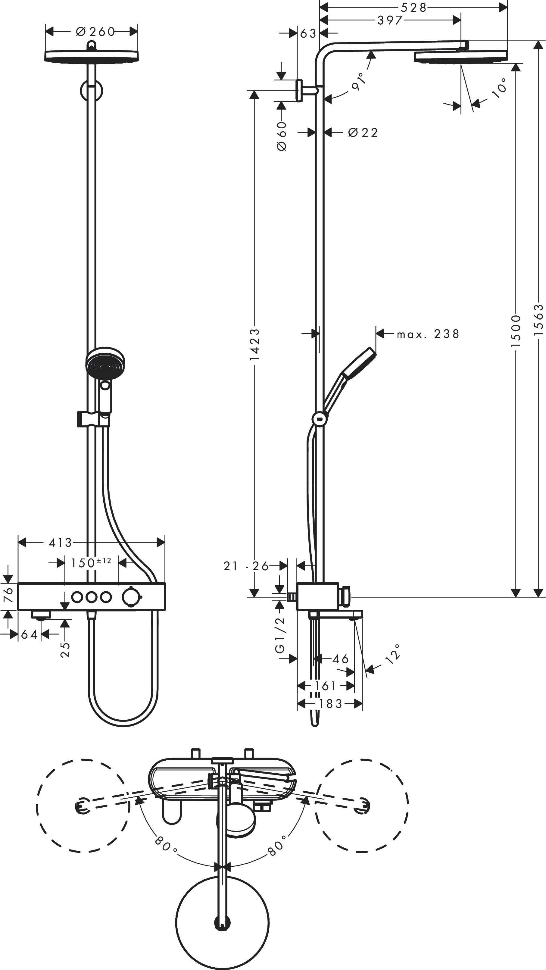 Душевая система с термостатом для ванны Hansgrohe Pulsify S 24230000 260 1 jet, хром