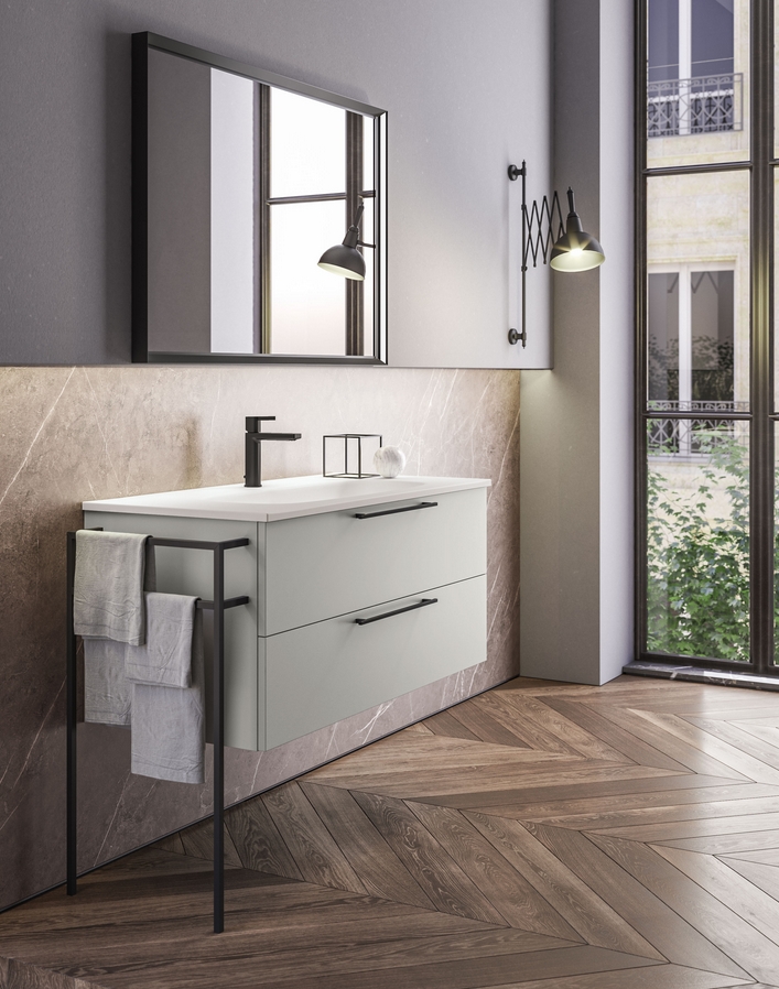 Комплект мебели для ванной комнаты BMT BLUES 4.0  BL4-07   1158х1900х515 мм, раковина и зеркало, цвет Grigio Efeso Opaco/Nero Opaco/Ceramica Bianco Opaco