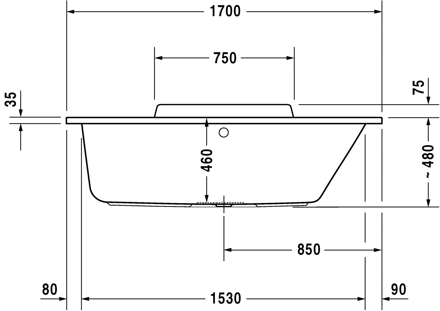 Акриловая ванна Duravit DuraStyle 700297000000000 1700 х 750 c наклоном для спины справа, встраиваемая или с панелями, белая