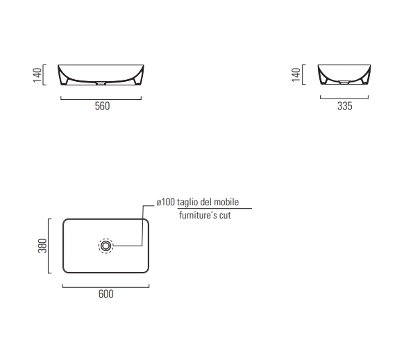 Раковина накладная GSI NUBES 903609 600 мм х 380 мм, без отверстия под смеситель, без перелива, белая матовая
