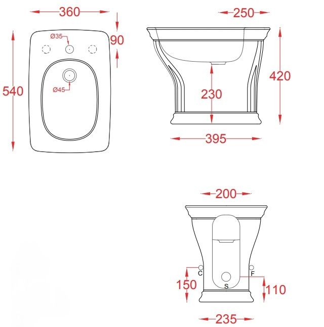 Биде напольное ARTCERAM CIVITAS CIB002 01 00 360 мм х 540 мм, с отверстием под смеситель, с переливом, с креплением, белое глянцевое