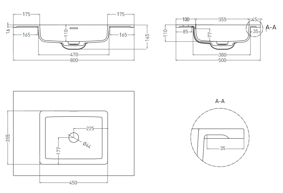 Раковина-столешница подвесная прямоугольная SALINI ONDA 80 1402201M 500х800x145 мм, S-Stone, донный клапан, без отверстия под смеситель, цвет Белый матовый