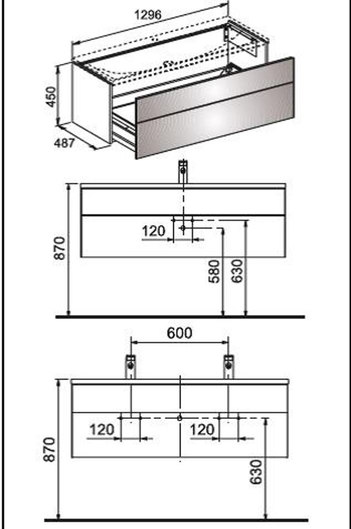 Тумба под раковину Keuco Royal Reflex 34080 210000 1296x450x487 мм 1 ящик корпус белый глянец фасад белое стекло