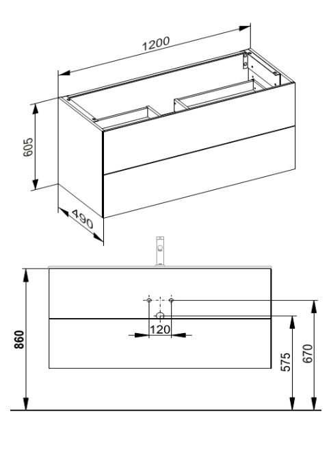 Тумба подвесная под раковину KEUCO PLAN 32983 140000 490 мм х 1200 мм, c 2 выдвижными ящиками, трюфель матовый/трюфель глянцевый