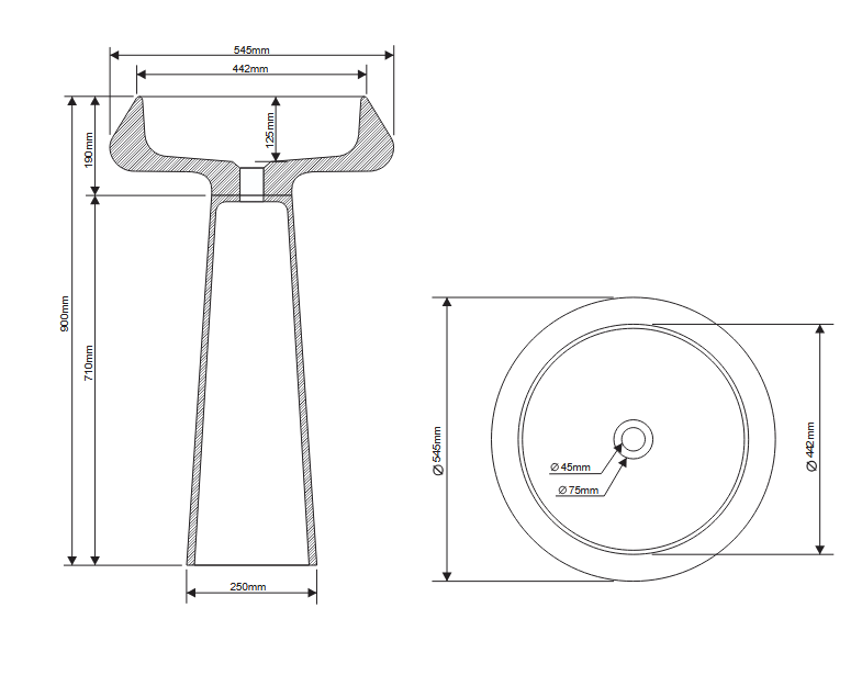 Раковина напольная DEA DESIGN Pedestal Basin DD2046 545 R4 545 мм х 545 мм х 900 мм, с донным клапаном, цвет Smoky Black R4