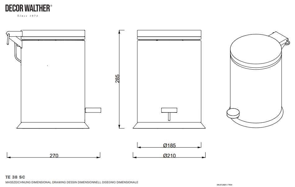Ведро для мусора напольное, с крышкой и педалью DECOR WALTHER    Classic  TE 38    0614830     28,5 x 21,5 x 27 см , 3 л, с внутренним контейнером, цвет Никель полированный