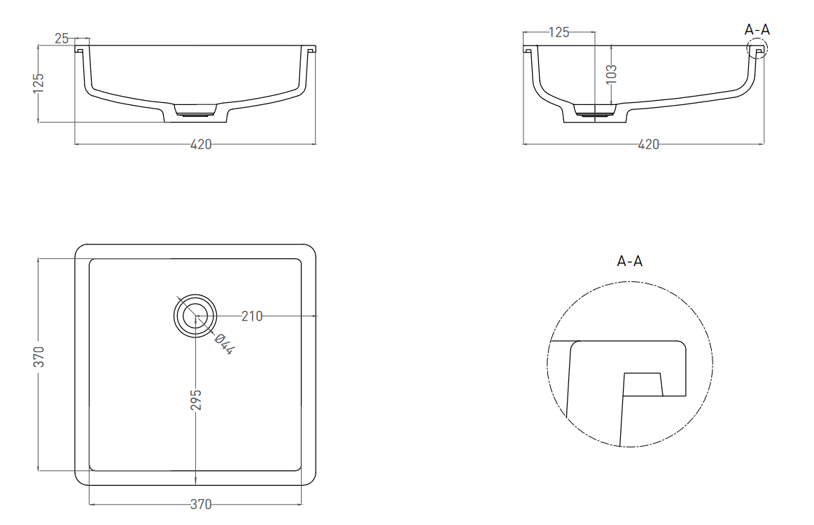 Раковина встраиваемая квадратная SALINI MAREA 07 1802207M 420х420х125мм, S-Stone, без донного клапана, цвет Белый матовый