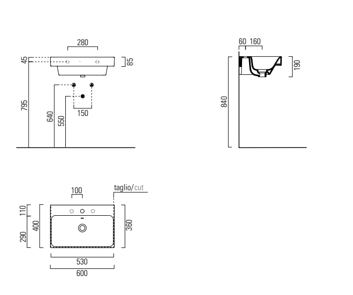 Раковина накладная/подвесная GSI NUBES 9683111 600 мм х 400 мм, с отверстием под смеситель, с переливом, белая глянцевая