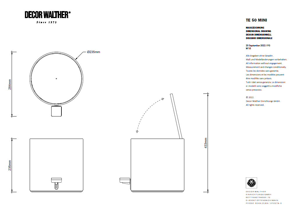 Ведро для мусора круглое, с крышкой с педалью DECOR WALTHER Contract/Bar TE 50 MINI      0615400     23 x 23,5 x 28,5 см, хром