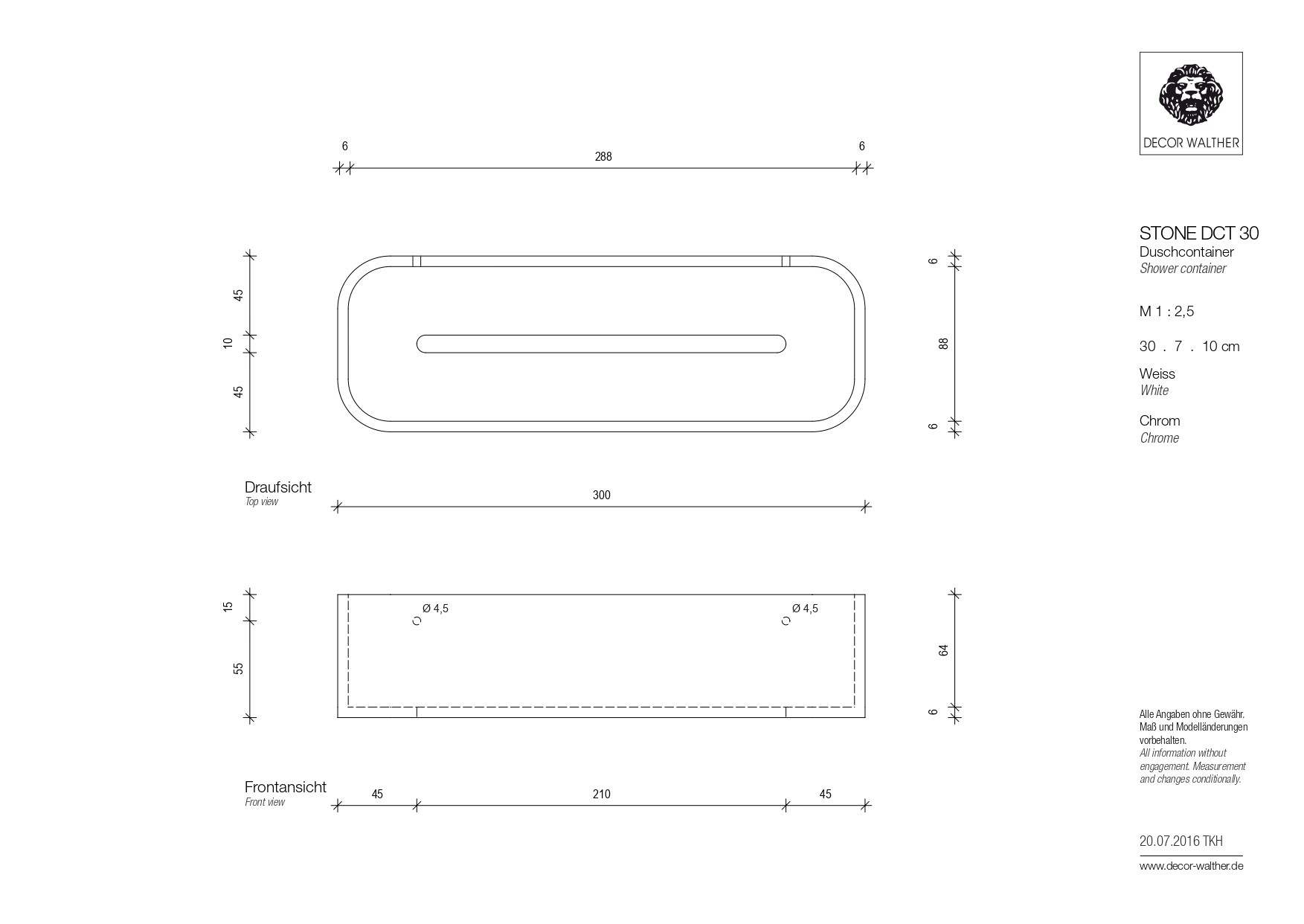 Душевая полочка-контейнер DECOR WALTHER  STONE DCT30   0973855   7 X 30 X 10 см, искусственный камень Solid Surface, цвет белый матовый/сталь матовая