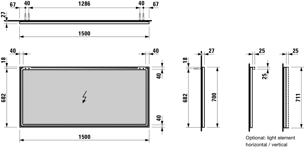 Зеркало   Laufen  Frame25     4.4740.9.900.144.1  150 см, алюминиевая рама