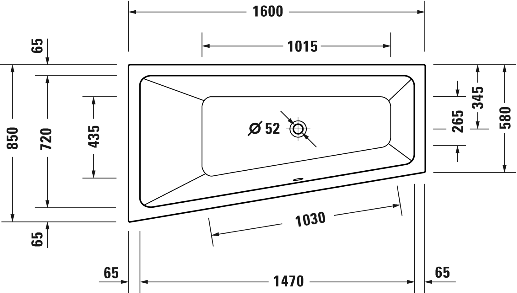 Ванна встраиваемая акриловая трапециевидная DURAVIT Duravit No.1 700506000000000 850 мм х 1600 мм х 480 мм, с наклонной спинкой справа, белая глянцевая