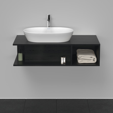 Тумба подвесная под раковину слева DURAVIT D-Neo DE492901616 1000 мм х 550 мм, с открытой боковой полкой справа и консолью, чёрный дуб