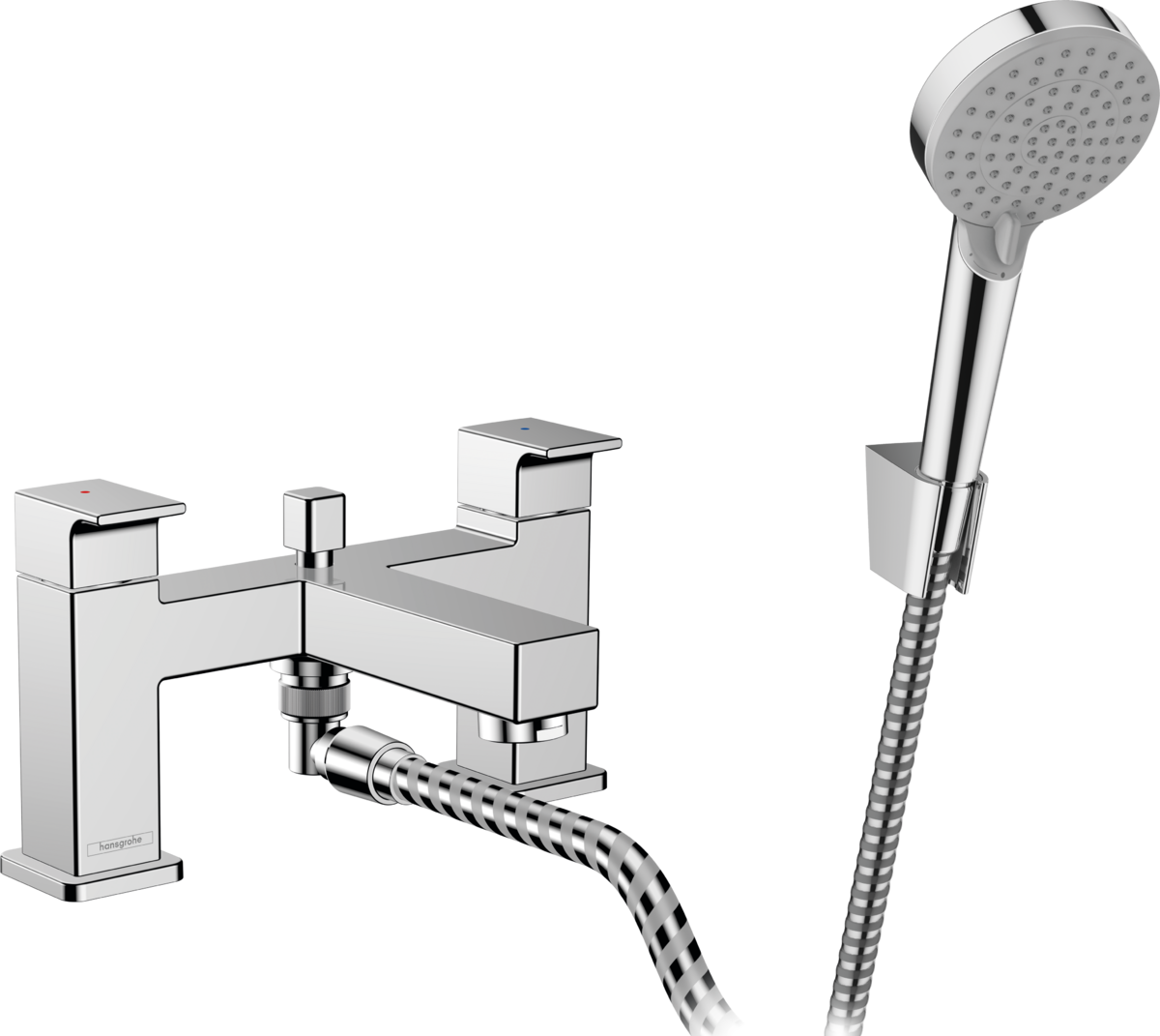 Смеситель на край ванны на 2 отверстия HANSGROHE Vernis Shape 71462000 с ручным душем, держателем и шлангом, хром