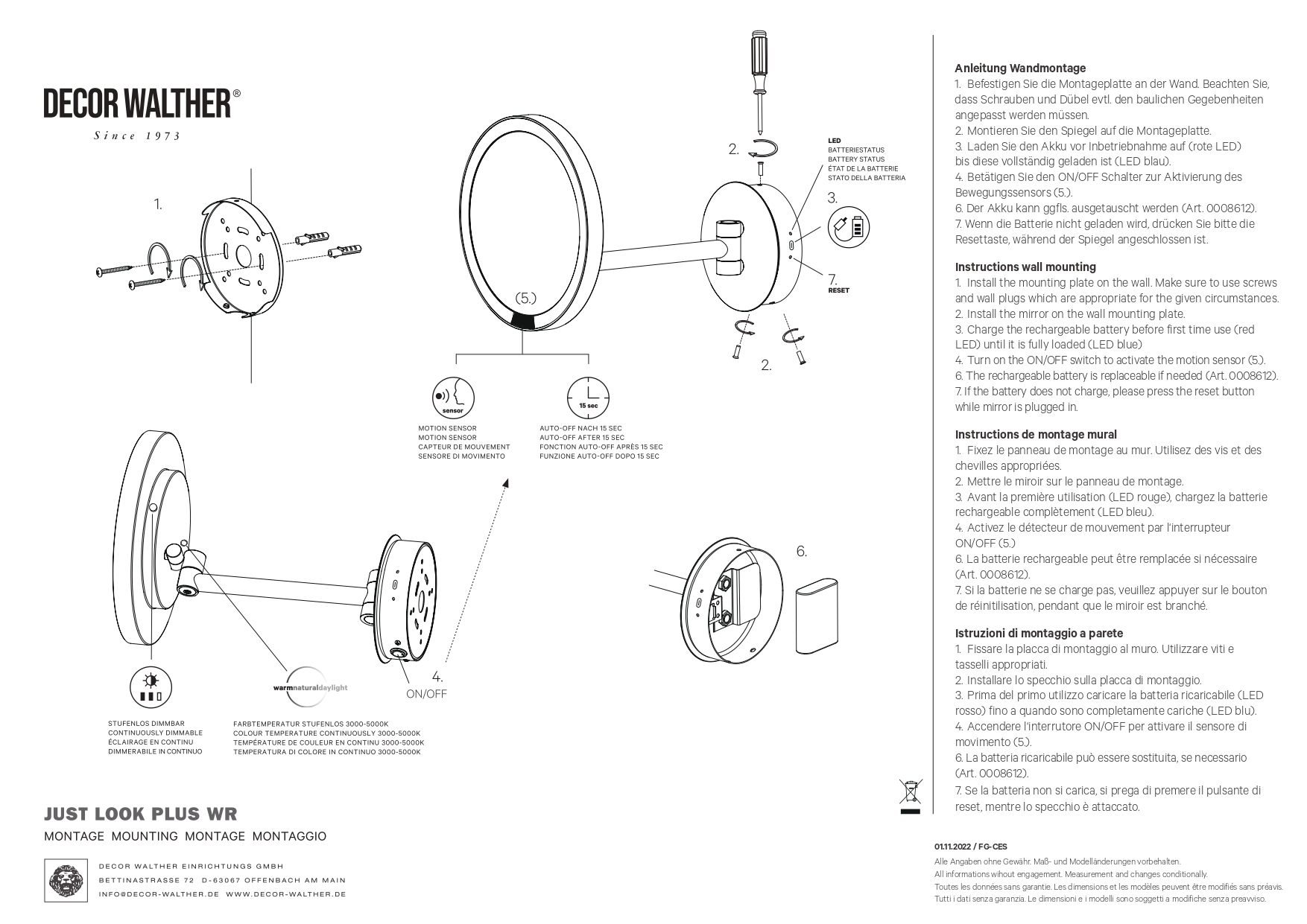 Косметическое зеркало настенное DECOR WALTHER  JUST LOOK PLUS WR 5X   0125600, с подсветкой LED, увеличение 5X, сенсор, аккумулятор, датчик движения, цвет хром