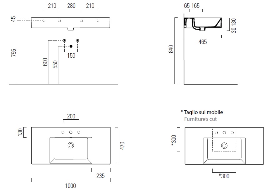 Раковина накладная/подвесная GSI KUBE X 9451109 1000 мм х 470 мм, с 1 отверстием под смеситель, с переливом, без крепежа, цвет Белый матовый