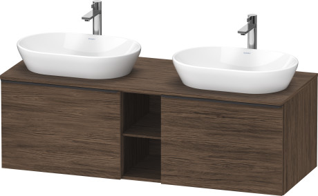 Тумба подвесная под две раковины DURAVIT D-Neo DE4950B2121 1400 мм х 550 мм, с 2 выдвижными ящиками и открытой полкой, орех тёмный