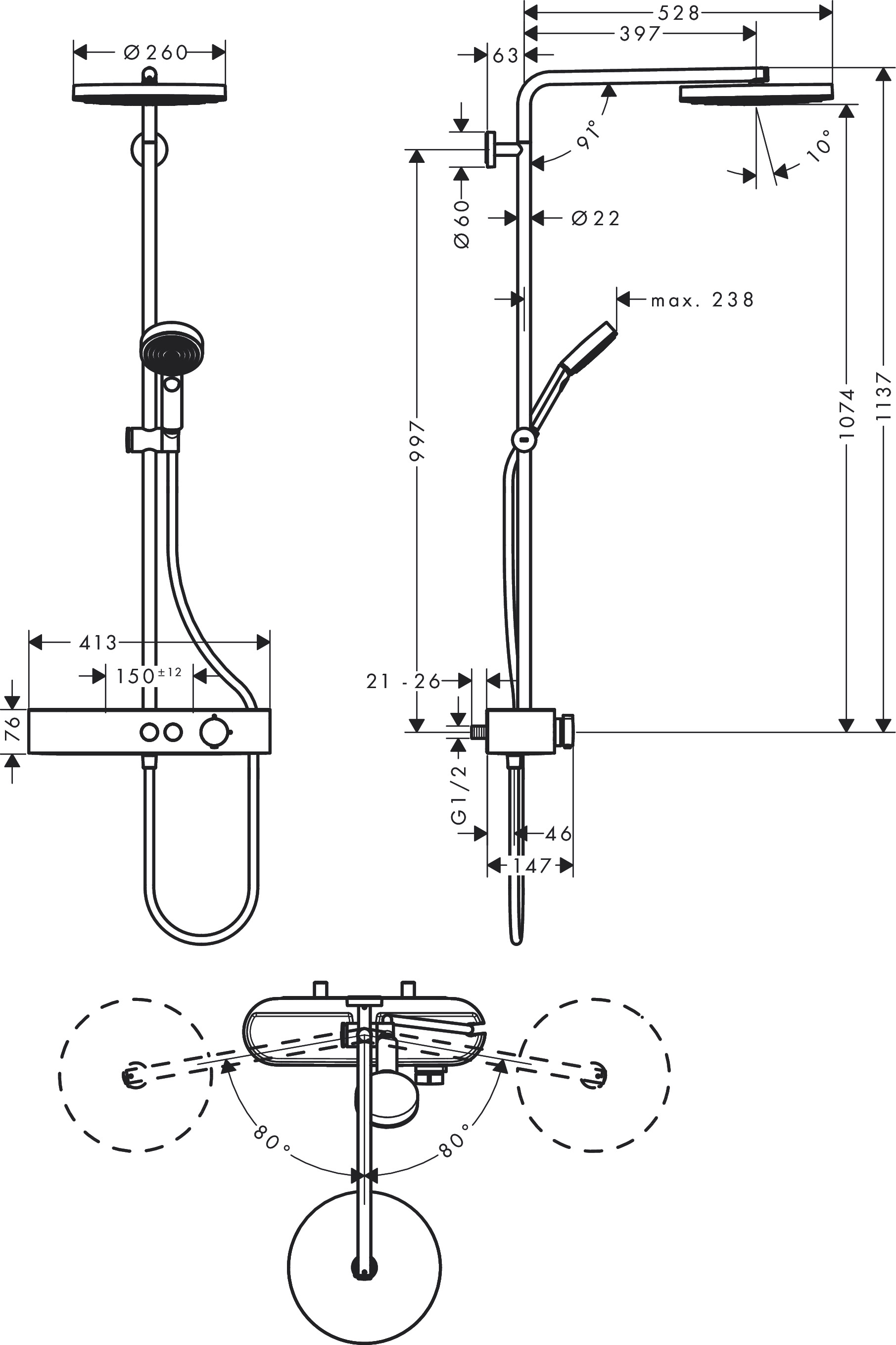 Душевая система с термостатом Hansgrohe Pulsify S 24221000 260 1 jet, c EcoSmart, хром