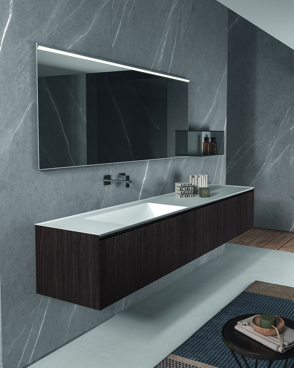 Комплект мебели BMT IKON IK-01 2240 мм, с тумбой, раковиной и зеркалом, цвет Termocotto Walnut/Белый матовый