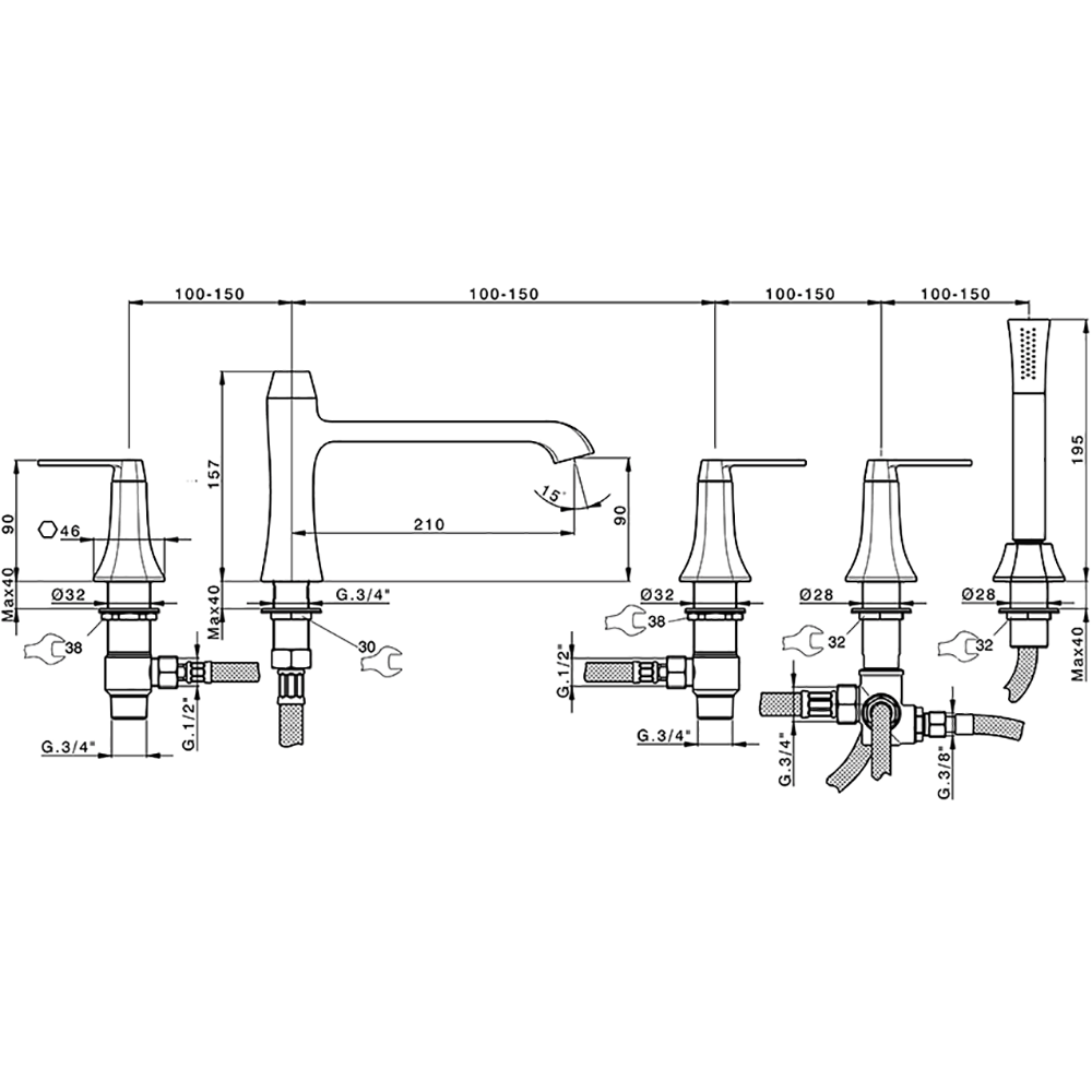 Двухвентильный смеситель для ванны на 5 отверстий CISAL Cherie CF0002606T с ручным душем, цвет Хром/Чёрный матовый