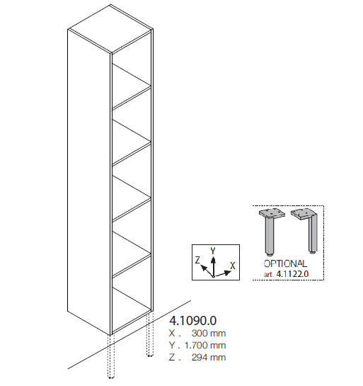 Высокий открытый шкаф-пенал  Laufen  Space   4.1090.0.160.100.1  170x30х29,5 см,  белый  матовый,  4 полки