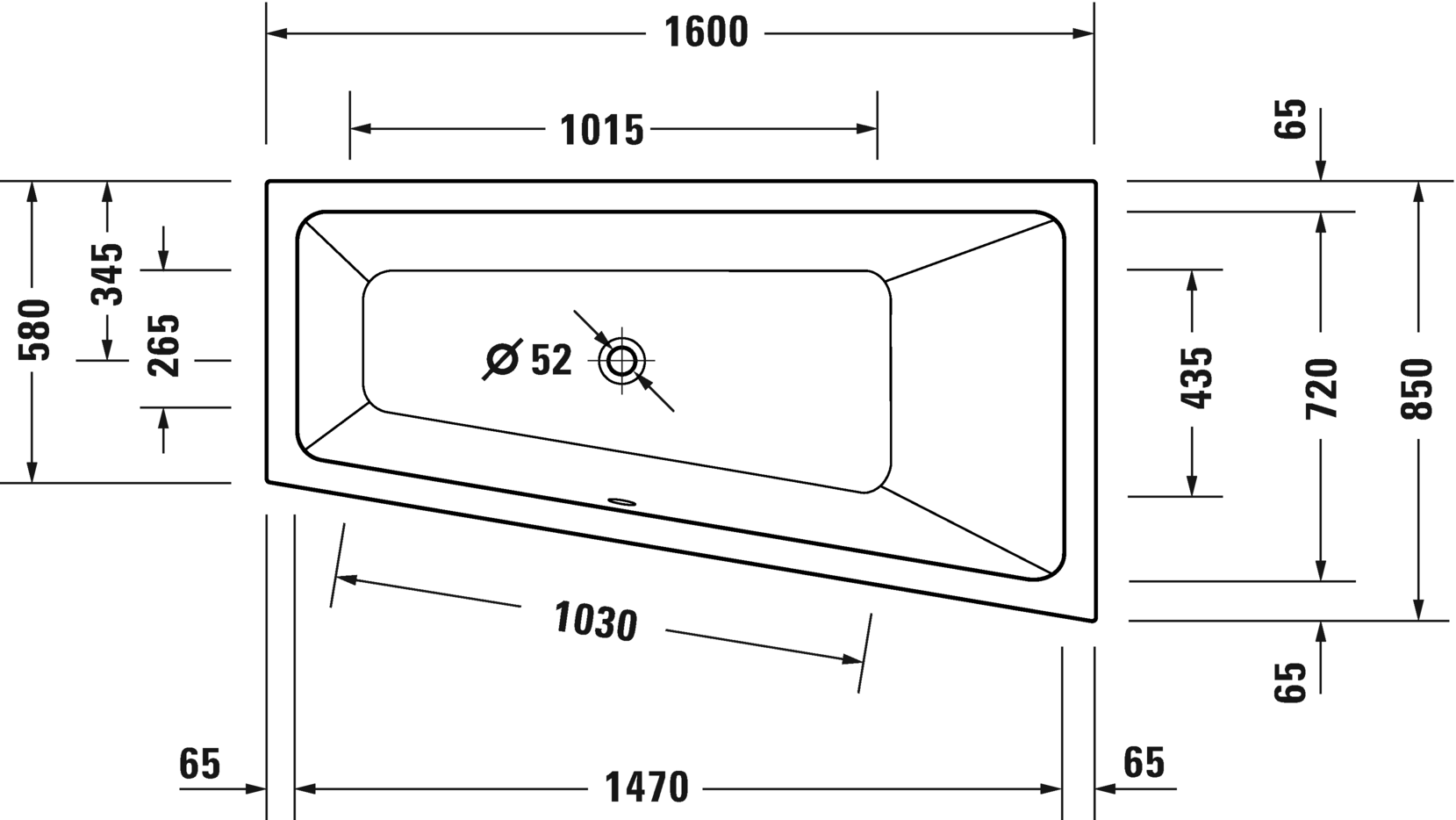 Ванна встраиваемая акриловая трапециевидная DURAVIT Duravit No.1 700507000000000 850 мм х 1600 мм х 480 мм, с наклонной спинкой справа, белая глянцевая