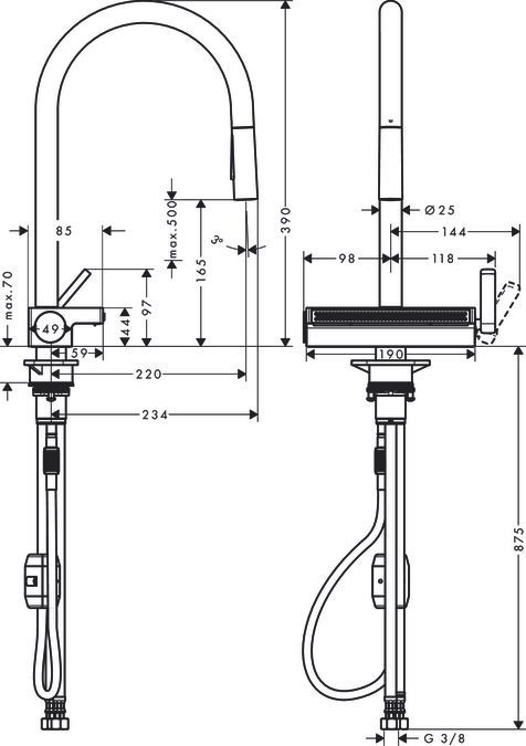 Кухонный смеситель однорычажный с вытяжным душем Hansgrohe Aquno Select M81 73837800 под сталь