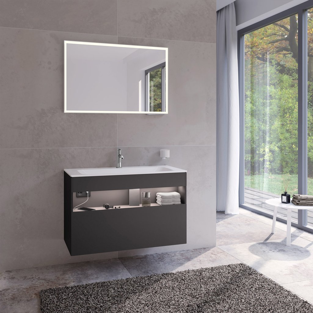 Тумба под раковину с освещением KEUCO STAGELINE 32872 970100 490 мм х 1000 мм х 625 мм, с 1 выдвижным ящиком, с сифоном,  вулканит/вулканит