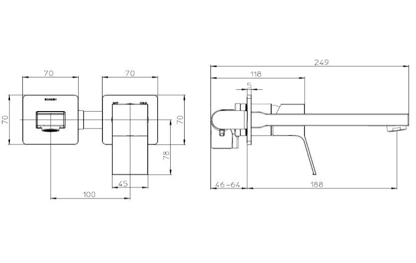Внешняя часть настенного однорычажного смесителя для раковины BOSSINI AKI Z00731.073 без донного клапана, цвет Чёрный матовый