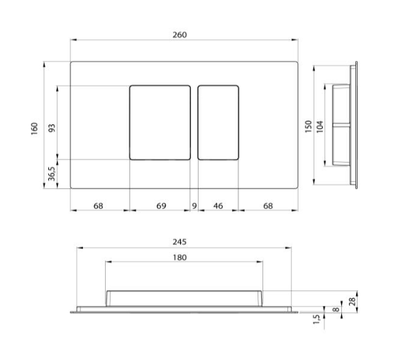 Клавиша смыва из нержавеющей стали AISI304 BOSSINI Quadro Line V50013.030 2 режима, цвет Хром